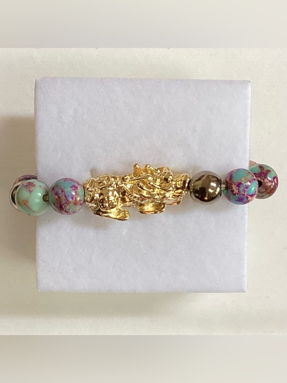 Authentic Pixiu Bead Stretch Bracelet with Jasper Beads 6”
